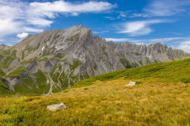 Fransa 'nın Chamonix vadisindeki Alpler' in dağ manzarası. Yazın Alp manzarası güneşli hava Tour du Montblanc, TMB yürüyüş rotası