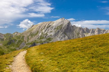 Fransa 'nın Chamonix vadisindeki Alpler' in dağ manzarası. Yazın Alp manzarası güneşli hava Tour du Montblanc, TMB yürüyüş rotası