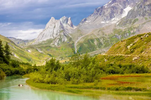 Fransa 'nın Chamonix vadisindeki Alpler' in dağ manzarası. Yazın Alp manzarası güneşli hava Tour du Montblanc, TMB yürüyüş rotası