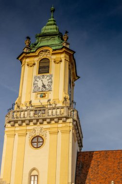 Bratislava, Slovakya şehir manzarasının başkenti. Eski şehir merkezindeki kiliseler ve şato. Bratislavsky Tepenin üstünde tarihi görüş kalesi