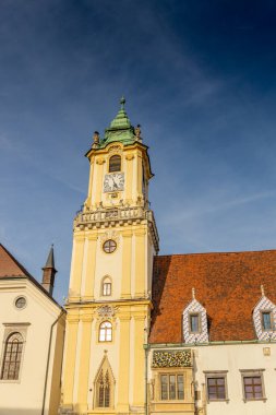 Bratislava, Slovakya şehir manzarasının başkenti. Eski şehir merkezindeki kiliseler ve şato. Bratislavsky Tepenin üstünde tarihi görüş kalesi