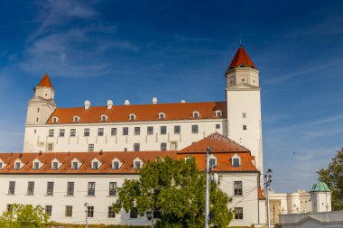 Bratislava, Slovakya şehir manzarasının başkenti. Eski şehir merkezindeki kiliseler ve şato. Bratislavsky Tepenin üstünde tarihi görüş kalesi