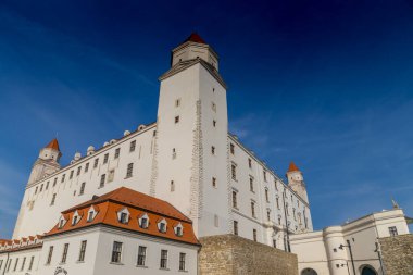 Bratislava, Slovakya şehir manzarasının başkenti. Eski şehir merkezindeki kiliseler ve şato. Bratislavsky Tepenin üstünde tarihi görüş kalesi