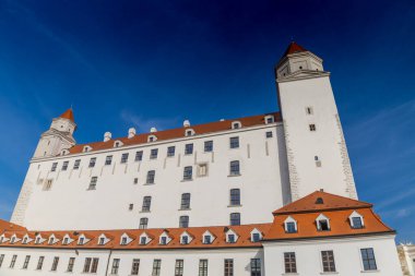 Bratislava, Slovakya şehir manzarasının başkenti. Eski şehir merkezindeki kiliseler ve şato. Bratislavsky Tepenin üstünde tarihi görüş kalesi