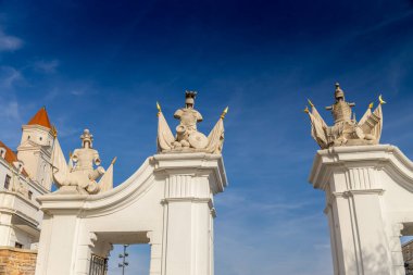 Bratislava, Slovakya şehir manzarasının başkenti. Eski şehir merkezindeki kiliseler ve şato. Bratislavsky Tepenin üstünde tarihi görüş kalesi