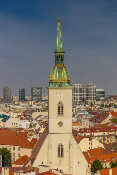 Bratislava, Slovakya şehir manzarasının başkenti. Eski şehir merkezindeki kiliseler ve şato. Bratislavsky Tepenin üstünde tarihi görüş kalesi