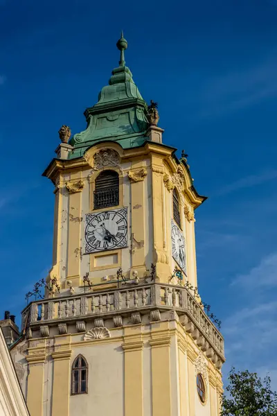 Bratislava, Slovakya şehir manzarasının başkenti. Eski şehir merkezindeki kiliseler ve şato. Bratislavsky Tepenin üstünde tarihi görüş kalesi