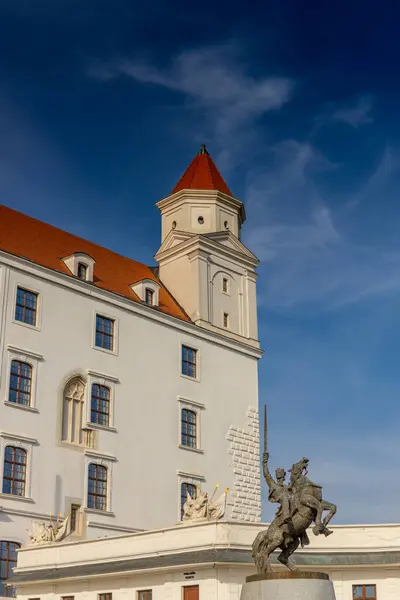 Bratislava, Slovakya şehir manzarasının başkenti. Eski şehir merkezindeki kiliseler ve şato. Bratislavsky Tepenin üstünde tarihi görüş kalesi