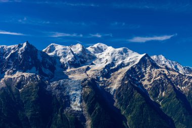 Mont Blanc, Monte Bianco Dağı zirvesi kar kubbesi Fransa 'daki Chamonix vadisinde. Avrupa 'nın Alplerdeki en yüksek zirvesi, Montblanc manzarası