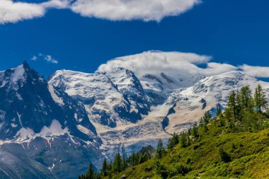 Mont Blanc, Monte Bianco Dağı zirvesi kar kubbesi Fransa 'daki Chamonix vadisinde. Avrupa 'nın Alplerdeki en yüksek zirvesi, Montblanc manzarası