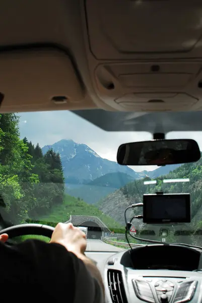 stock image Photo from a car interio on a scenic mountain road during a road trip. Scenic mountain drive through a winding tunnel. High quality photo, Alpes-de-Haute-Provence, Tour de France, Le Sauze du Lac