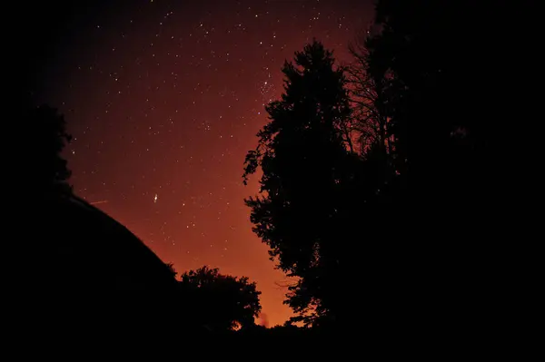 Gece gökyüzünün büyüleyici bir görüntüsü, sayısız yıldızla süslenmiş ve biraz mor renk katmış.