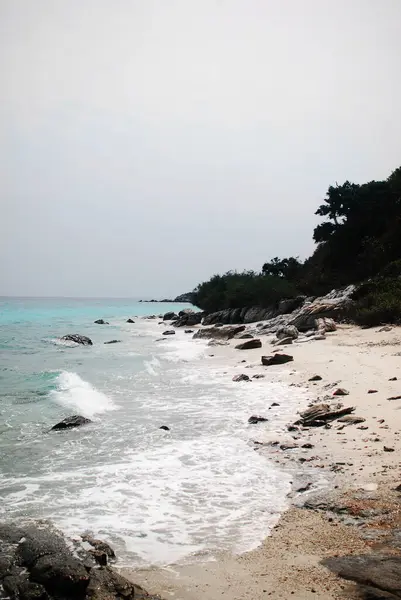 Huzurlu bir sahil sahnesinde yumuşak dalgalar, renkli kayalar ve güzel kıyı boyunca yemyeşil alanlar, Tayland