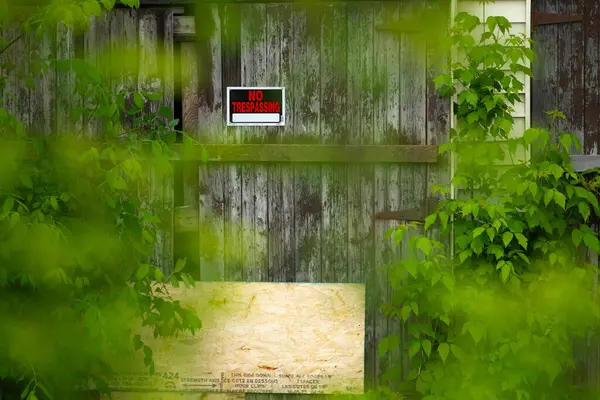 Yıpranmış ahır kapıları, izinsiz giriş ve aşırı büyümüş yeşillikler. Terk edilmiş bina kısmen binilmiş ve doğa tarafından geri alınmış..