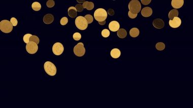 Bozukluklar düşer. Şeffaf arkaplanda para yağmuru animasyonu. Düşen altın sikkeler. Düşen madeni paralar veya para alfa kanallı altın yağmur hareketi arkaplanı.
