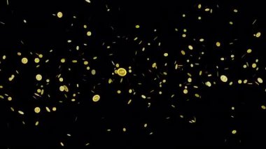 Bozukluklar düşer. Şeffaf arkaplanda para yağmuru animasyonu. Düşen altın sikkeler. Düşen madeni paralar veya para alfa kanallı altın yağmur hareketi arkaplanı.