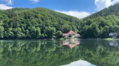 Gölden, Polonya 'daki gölün kıyısındaki ormanın yakınındaki misafir evlere bak..