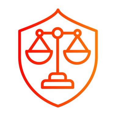 Adalet hukuku simgesi, ince çizgi tasarımı, doğrusal vektör, web tasarım işareti, turuncu gradyanı ve beyaz arkaplanı olan özet kavram sembolü