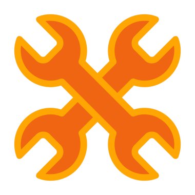 İngiliz anahtarı ve tornavida vektörü. Çizim biçimi düz ikonik sembol, turuncu renk, beyaz arkaplan.