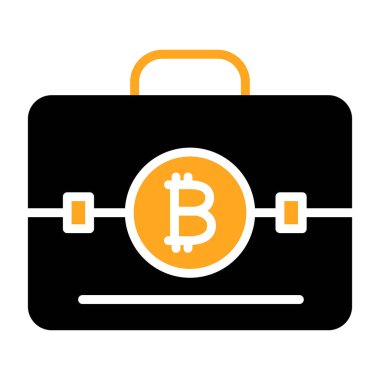 Cüzdan ikonlu bitcoin. Vektör biçimi yuvarlak açılı düz ikonik sembol, sarı renk, beyaz arkaplan.