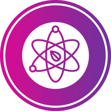 Atom simgesi. Vektör biçimi yuvarlak açılı düz ikonik sembol, pembe renk, beyaz arkaplan.