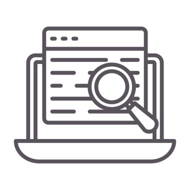 büyüteç çizgisi vektör simgesine sahip dizüstü bilgisayar, konsept illüstrasyon, çizgi işareti arka planı, vektör işareti