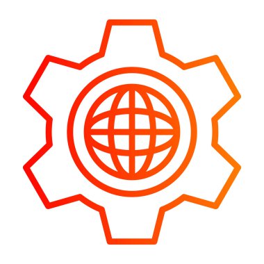 Dişli ikonlu dünya. İnce çizgi tasarımı. vektör illüstrasyonu.