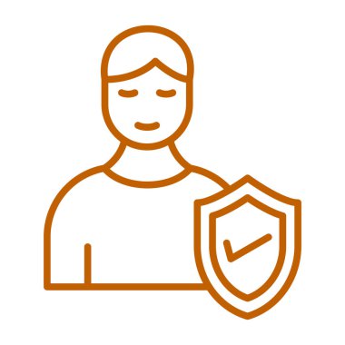 Kalkan ve ince çizgi ikonu olan adam. Koru ve koru. İzole vektör çizimi. Web ya da mobil uygulama için taslak biçiminde pictogram. eps 1
