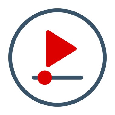 Düğme vektör simgesini oynat. Bu yuvarlak düz sembol beyaz arkaplanda kırmızı ve siyah renkler ile çizilir.