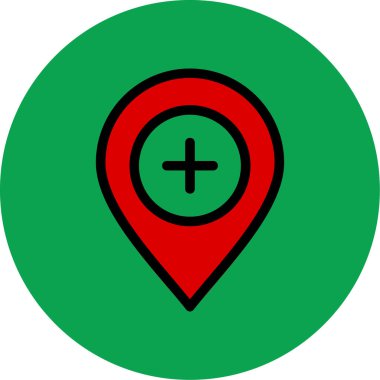 Konum kodu vektör simgesi. Bu düz yuvarlak sembol yoğun kırmızı ve mavi renkler kullanır. beyaz arkaplanda izole edilmiş.