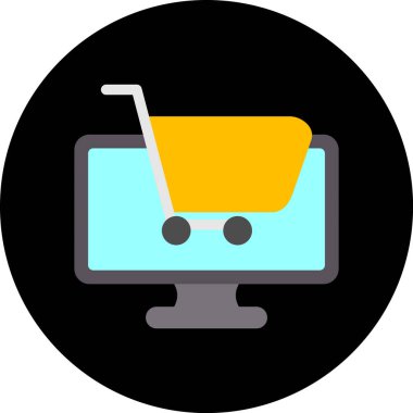 Dizüstü bilgisayarı olan alışveriş arabası, çevrimiçi alışveriş merkezinin vektör simgesi