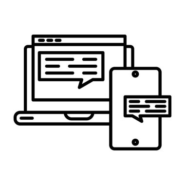 İleti iletişimi ve sohbet tema vektörü illüstrasyonunun konuşma baloncuğu tarzı simge tasarımına sahip bilgisayar