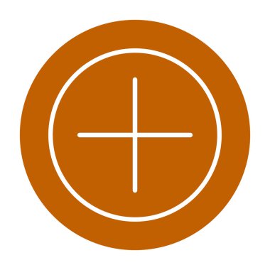 Artı vektör simgesi. Bu düz yuvarlak sembol beyaz arkaplanda turuncu ve sarı renkler kullanır.