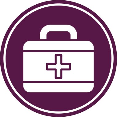 İlk yardım çantası simgesi. Vektör. Düz sembol, yuvarlak açılar, mor renk, beyaz arkaplan.