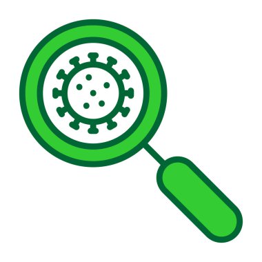 Beyaz zemin üzerinde virüs sembolü olan yeşil büyüteç