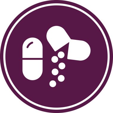 İlaç hapı kabartma ikonu. bu yuvarlak düz sembol menekşe rengi ve beyaz arkaplan ile çizilir.