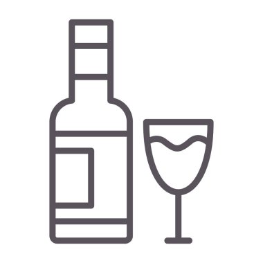 Şarap kadehi ince çizgi ikonu, şarap ve cam şişe, alkol işareti, vektör grafikleri, beyaz arka planda doğrusal desen, 10 PS