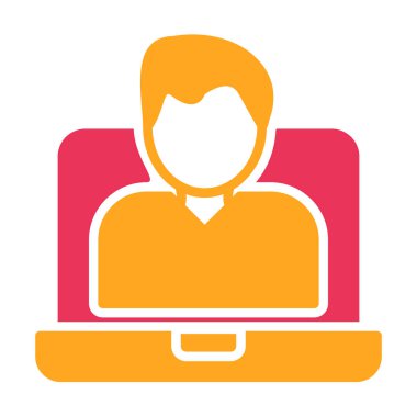 dizüstü bilgisayar vektör simgesi. Bu düz sembol turuncu ve beyaz renkler, yuvarlak açılar ve beyaz arkaplanda izole edilmiş.