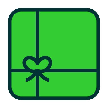 Hediye kutusu simgesi. Vektör biçimi düz ve yumuşak yeşil semboldür, yuvarlak açılar, yuvarlak düğme, beyaz arkaplan