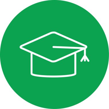 Mezuniyet şapkası vektör simgesi. biçim düz yuvarlak sembol, eko yeşil renk, beyaz açılar,