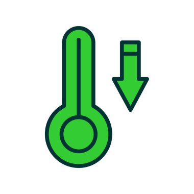 Beyaz zemin üzerinde yeşil sıcaklık termometresi ve kar tanesi ikonu izole edildi. Termometre simgesi. vektör illüstrasyonu