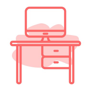 Masası ve dizüstü bilgisayarı olan bir bilgisayar ekranının modern düz simgesi