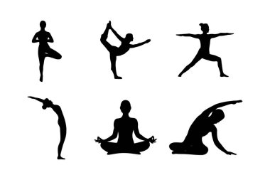 Yoga pozları. Çeşitli pozlardaki kadın siluetleri. Beyaz arkaplanda izole edilmiş vektör illüstrasyonu.