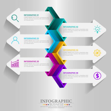 Simge ve 6 seçenek veya adımlı Vektör Bilgisel tasarım iş şablonu.