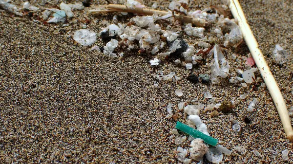 stock image Green microplastics in the foreground mimic vegetation that marine life mistakes for food on a warm beach on the volcanic island of Lanzarote. Selective focus, copy space.