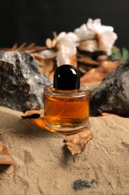 Bir şişe parfüm ve kuru sonbahar yaprakları siyah arka planda, yakın plan. Metin için boşluk