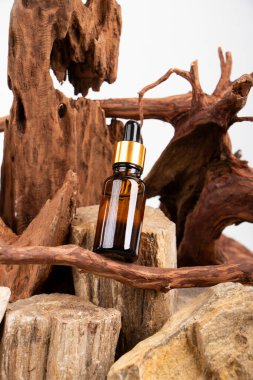 Ahşap bir masanın üzerinde çam kozalağı olan bir şişe gerekli yağ.