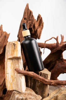 Ahşap masa üzerinde gerekli yağ şişesi ve taze siyah kaya, metin için boşluk