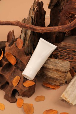 Renk arkaplanında kozmetik krem ve kurumuş yapraklarla kompozisyon