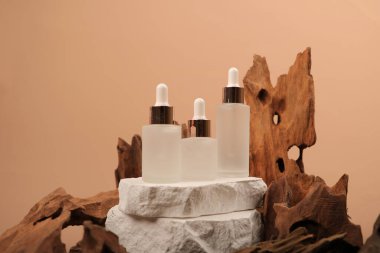 Doğal kozmetik ürünleri ve okaliptüs dalları olan şişeler.